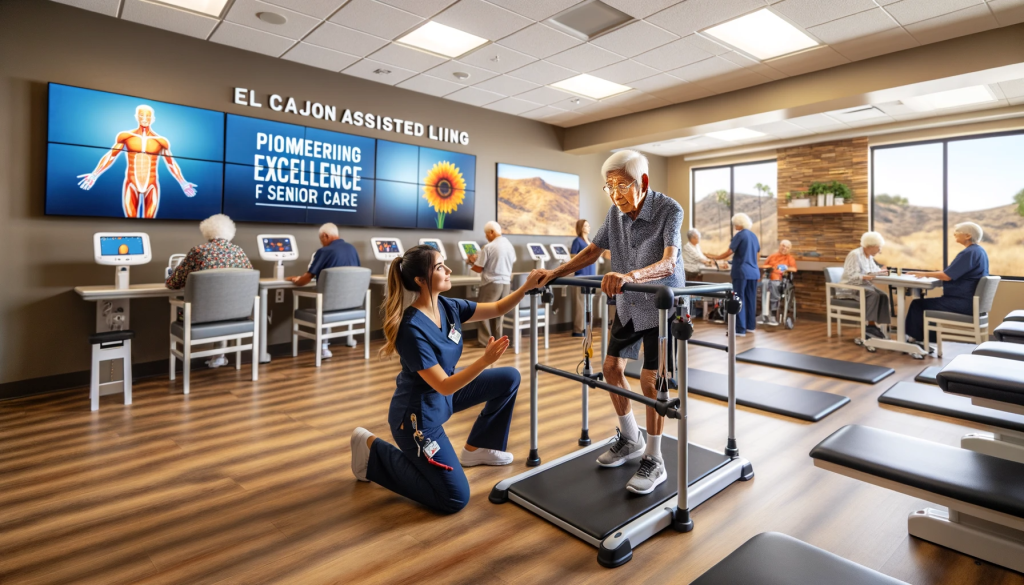 Rehabilitation room in Assisted Living El Cajon with advanced equipment and a therapist guiding a senior resident, with a banner proclaiming 'Pioneering Excellence in Senior Care'.