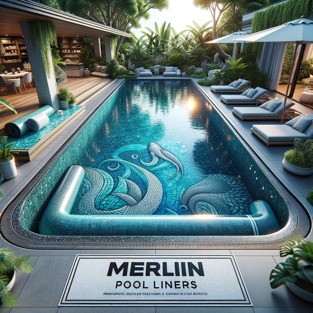 A luxurious backyard swimming pool adorned with a premium Merlin pool liner, featuring a captivating mosaic design. The clear blue water reflects the sunlight, emphasizing the liner's superior quality and design. Lush greenery and a relaxing lounging area surround the pool, enhancing its serene ambiance. A close-up view showcases the liner's durable texture, representing the brand's commitment to quality.