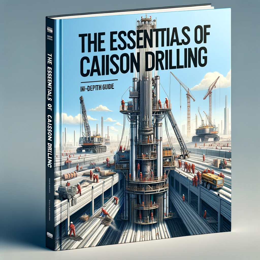 Book cover of 'The Essentials of Caisson Drilling: An In-Depth Guide' featuring a technical illustration of caisson drilling equipment with workers in hard hats at a construction site.