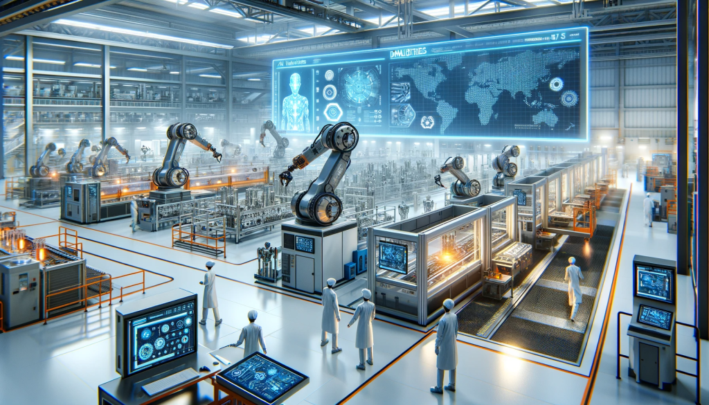 A futuristic manufacturing facility with advanced robots and automation technology, overseen by workers in smart uniforms, amidst an environment of innovative machinery and digital displays.
