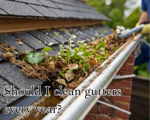 Hand clearing debris from gutter.